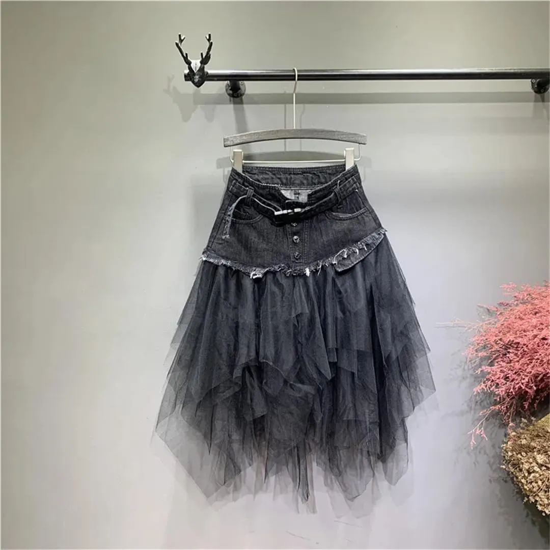 Women Summer Mini Tutu Tulle Skirt Gothic Punk High Waist Irregular Denim Skirts Mesh Patchwork Short Jeans