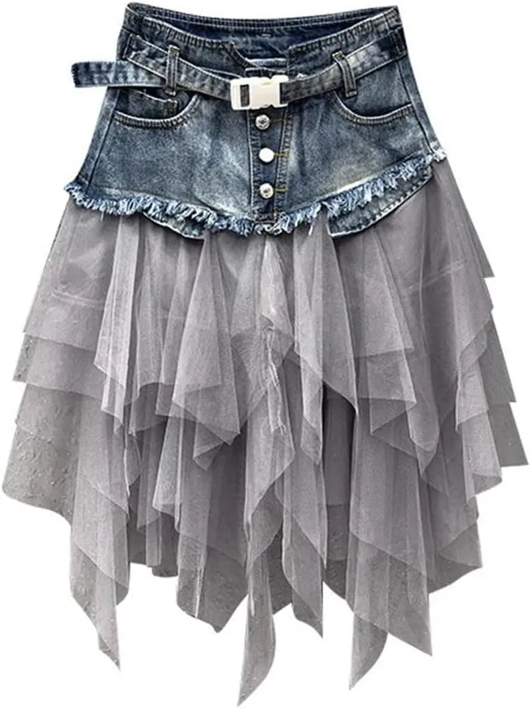 Women Summer Mini Tutu Tulle Skirt Gothic Punk High Waist Irregular Denim Skirts Mesh Patchwork Short Jeans