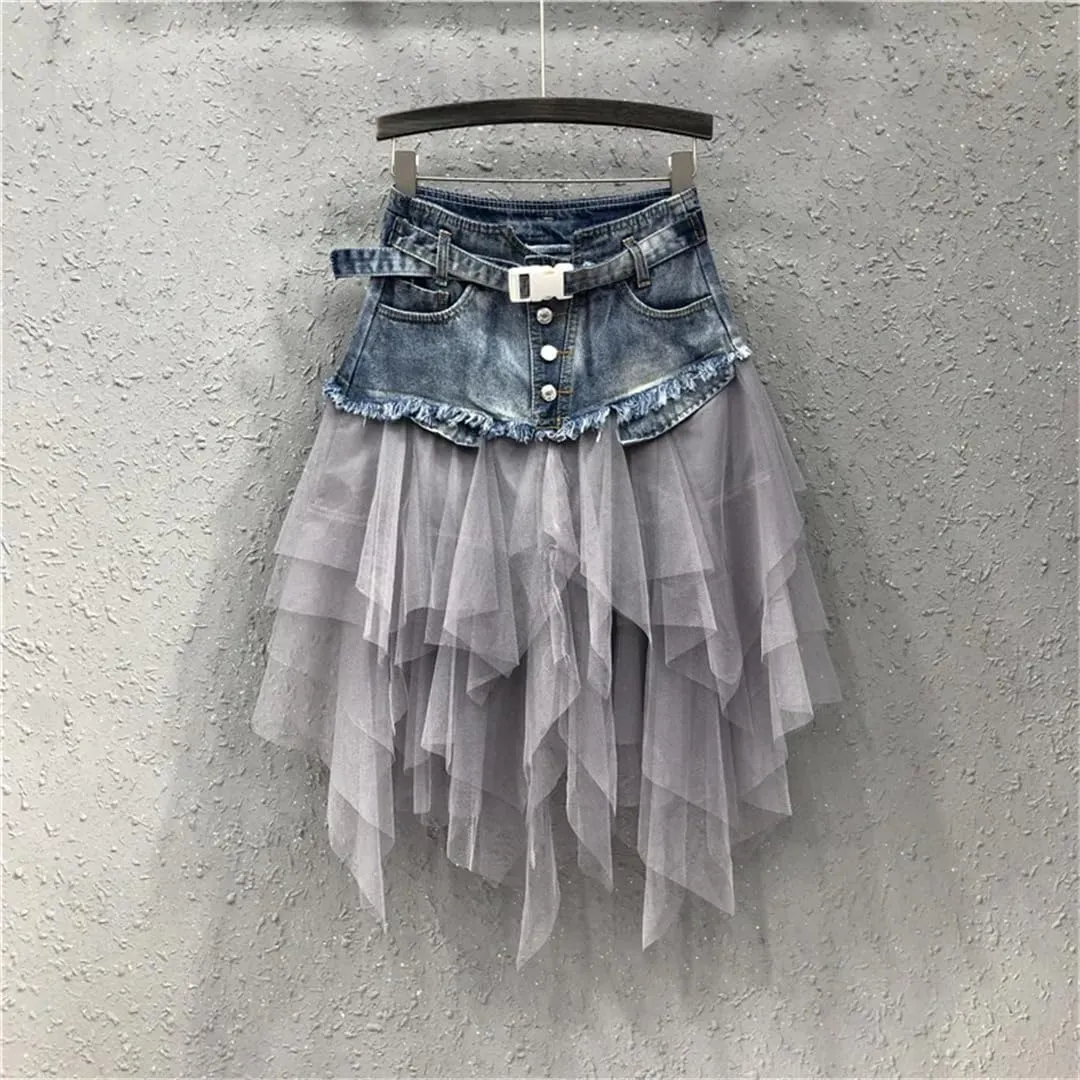 Women Summer Mini Tutu Tulle Skirt Gothic Punk High Waist Irregular Denim Skirts Mesh Patchwork Short Jeans