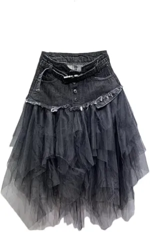 Women Summer Mini Tutu Tulle Skirt Gothic Punk High Waist Irregular Denim Skirts Mesh Patchwork Short Jeans