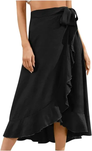 Women Trendy 2025 Bowknot Belt Waist Skirts Elegant Pleated Wrap Flared Long Swing Skirt Boho Flowy Beach Outfit