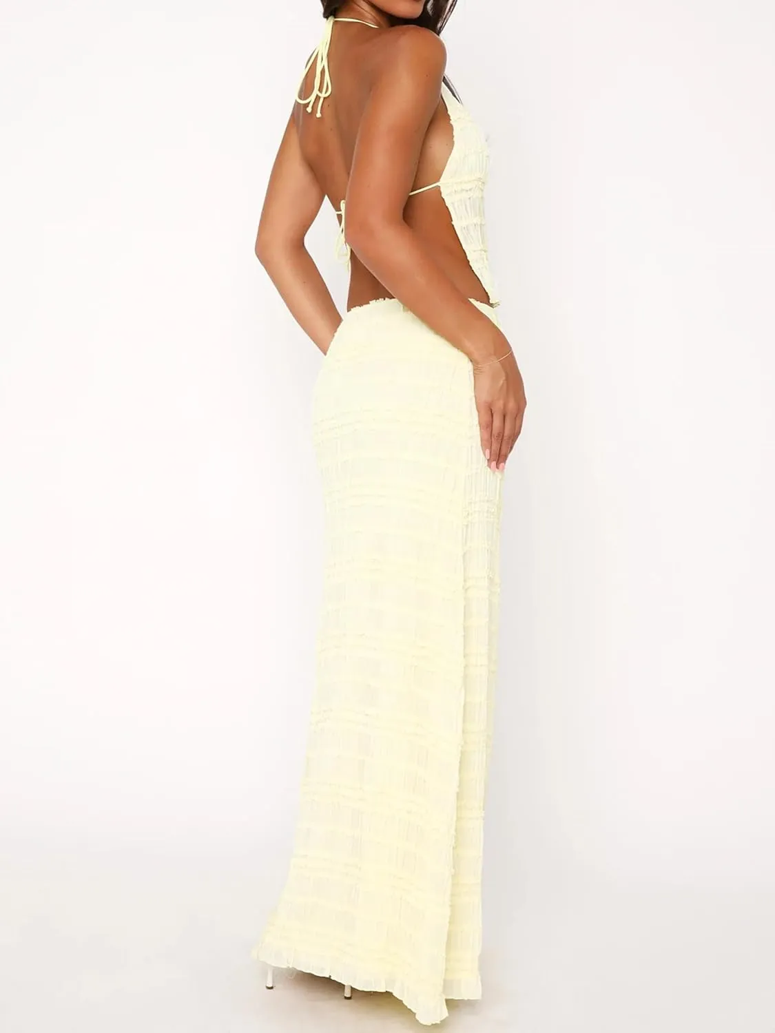 Women Y2k 2 Piece Maxi Skirt Set Open Back Halter Neck Tie Crop Top Pleated Long Skirt Fairy Aesthetic Lace Beachwear