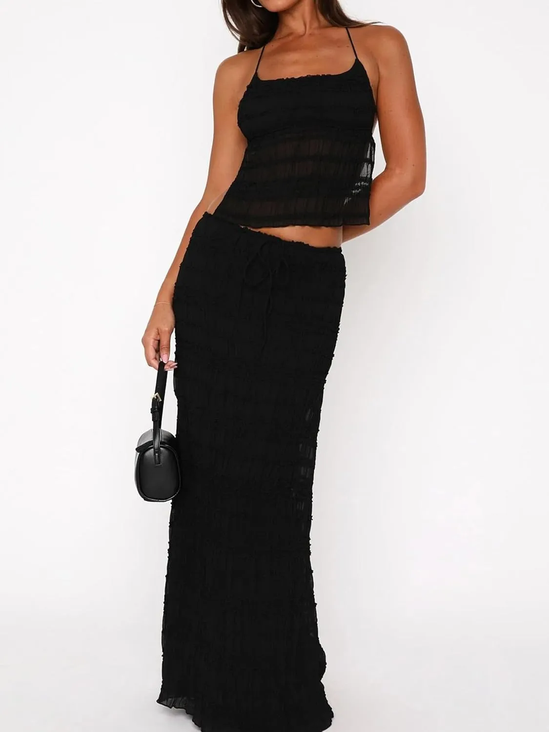Women Y2k 2 Piece Maxi Skirt Set Open Back Halter Neck Tie Crop Top Pleated Long Skirt Fairy Aesthetic Lace Beachwear