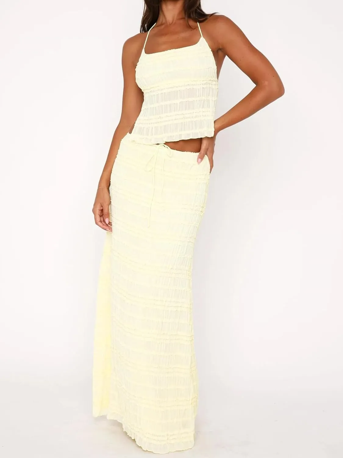 Women Y2k 2 Piece Maxi Skirt Set Open Back Halter Neck Tie Crop Top Pleated Long Skirt Fairy Aesthetic Lace Beachwear