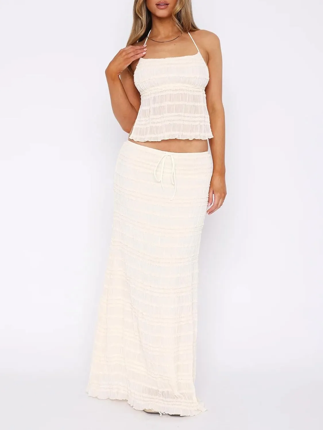 Women Y2k 2 Piece Maxi Skirt Set Open Back Halter Neck Tie Crop Top Pleated Long Skirt Fairy Aesthetic Lace Beachwear