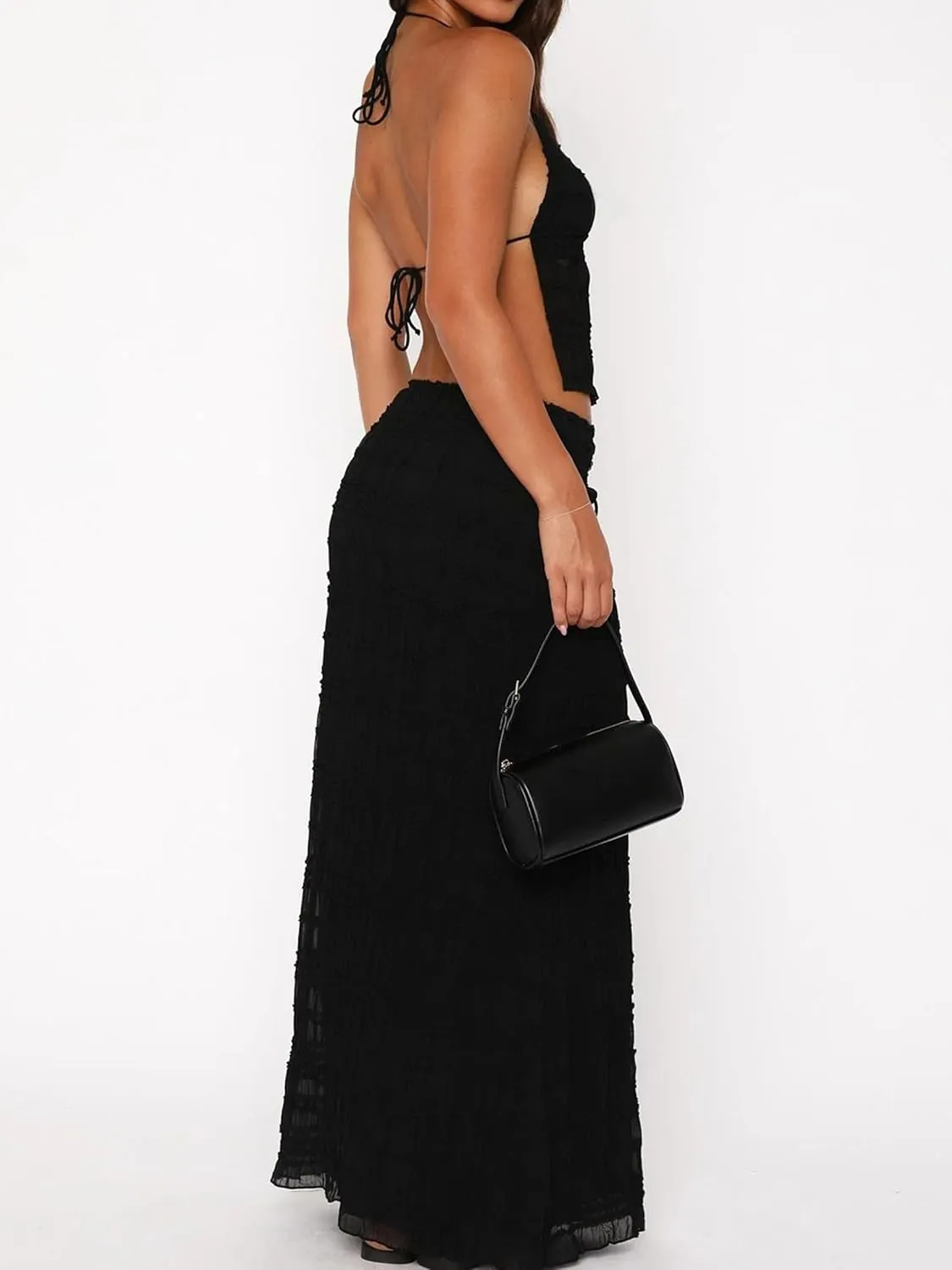 Women Y2k 2 Piece Maxi Skirt Set Open Back Halter Neck Tie Crop Top Pleated Long Skirt Fairy Aesthetic Lace Beachwear