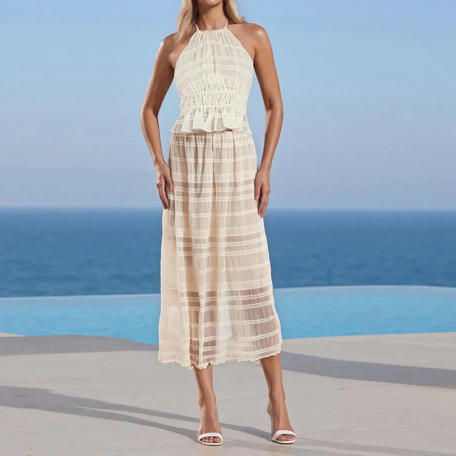 Women Y2k 2 Piece Maxi Skirt Set Open Back Halter Neck Tie Crop Top Pleated Long Skirt Fairy Aesthetic Lace Beachwear