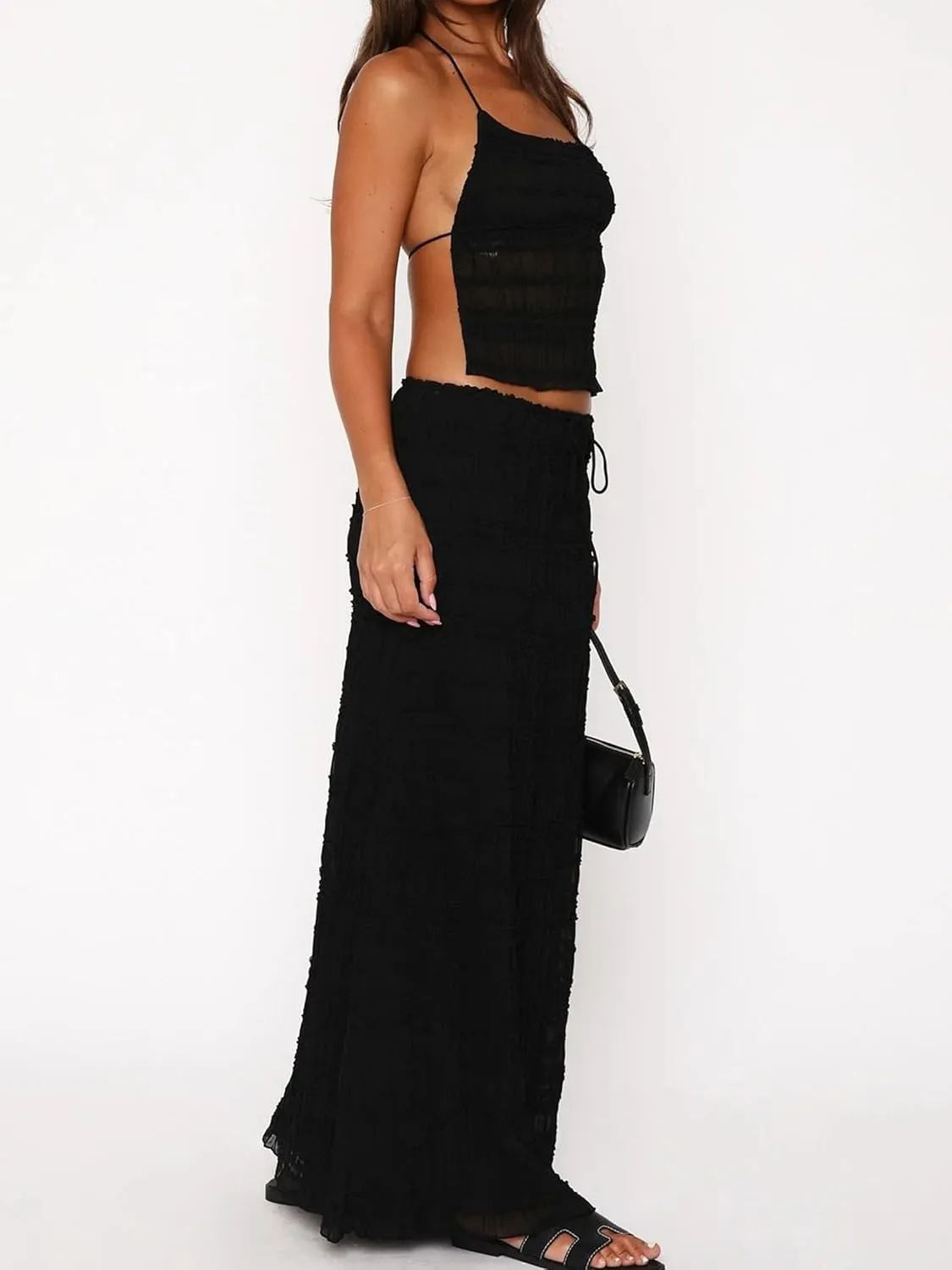 Women Y2k 2 Piece Maxi Skirt Set Open Back Halter Neck Tie Crop Top Pleated Long Skirt Fairy Aesthetic Lace Beachwear