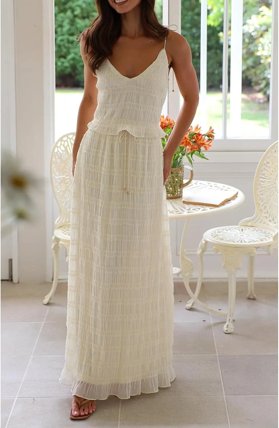 Women Y2k 2 Piece Maxi Skirt Set Open Back Halter Neck Tie Crop Top Pleated Long Skirt Fairy Aesthetic Lace Beachwear
