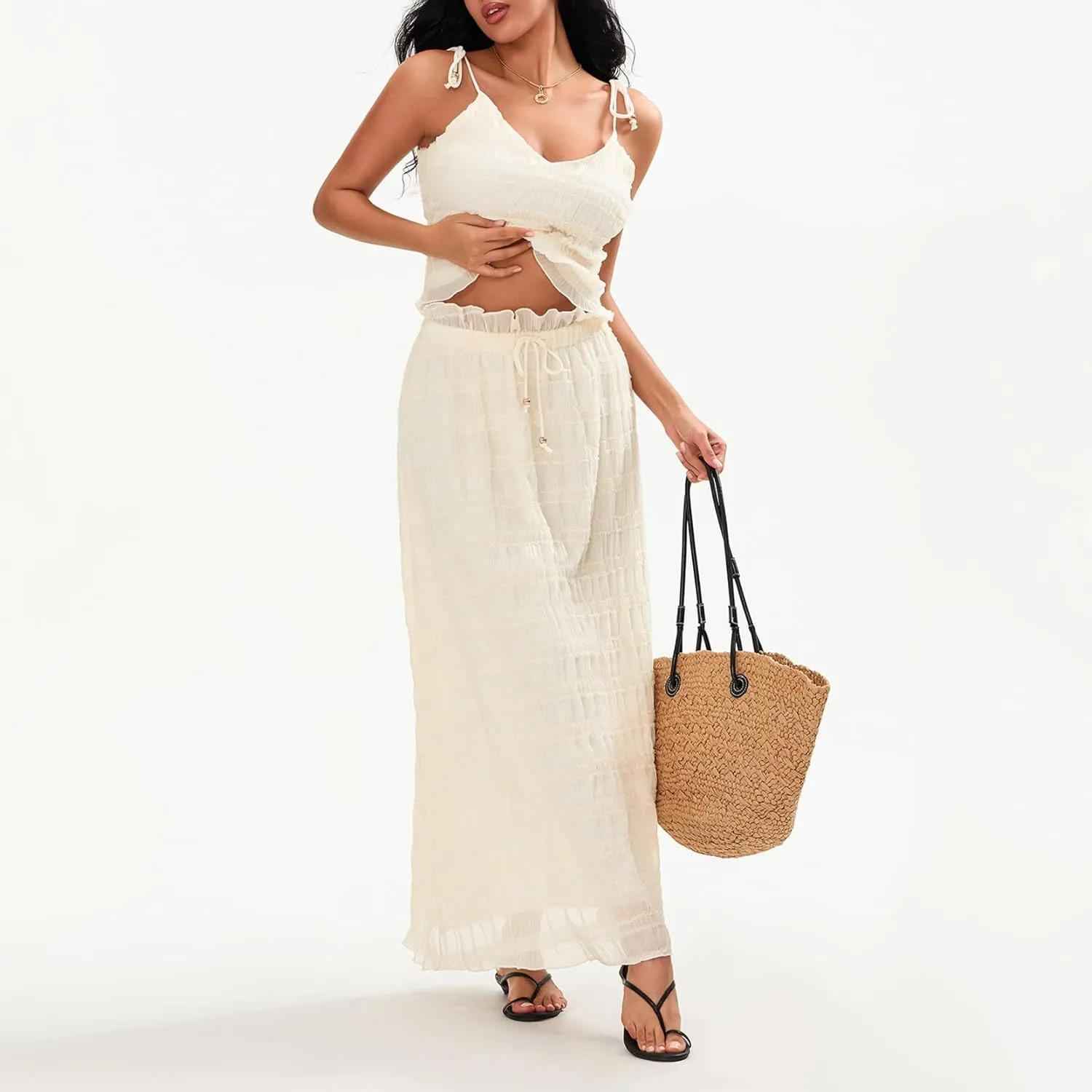 Women Y2k 2 Piece Maxi Skirt Set Open Back Halter Neck Tie Crop Top Pleated Long Skirt Fairy Aesthetic Lace Beachwear