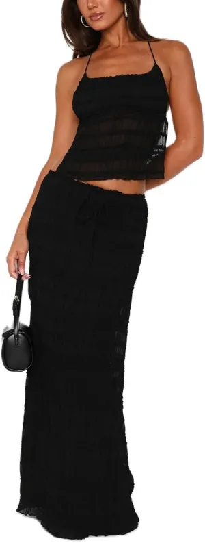 Women Y2k 2 Piece Maxi Skirt Set Open Back Halter Neck Tie Crop Top Pleated Long Skirt Fairy Aesthetic Lace Beachwear