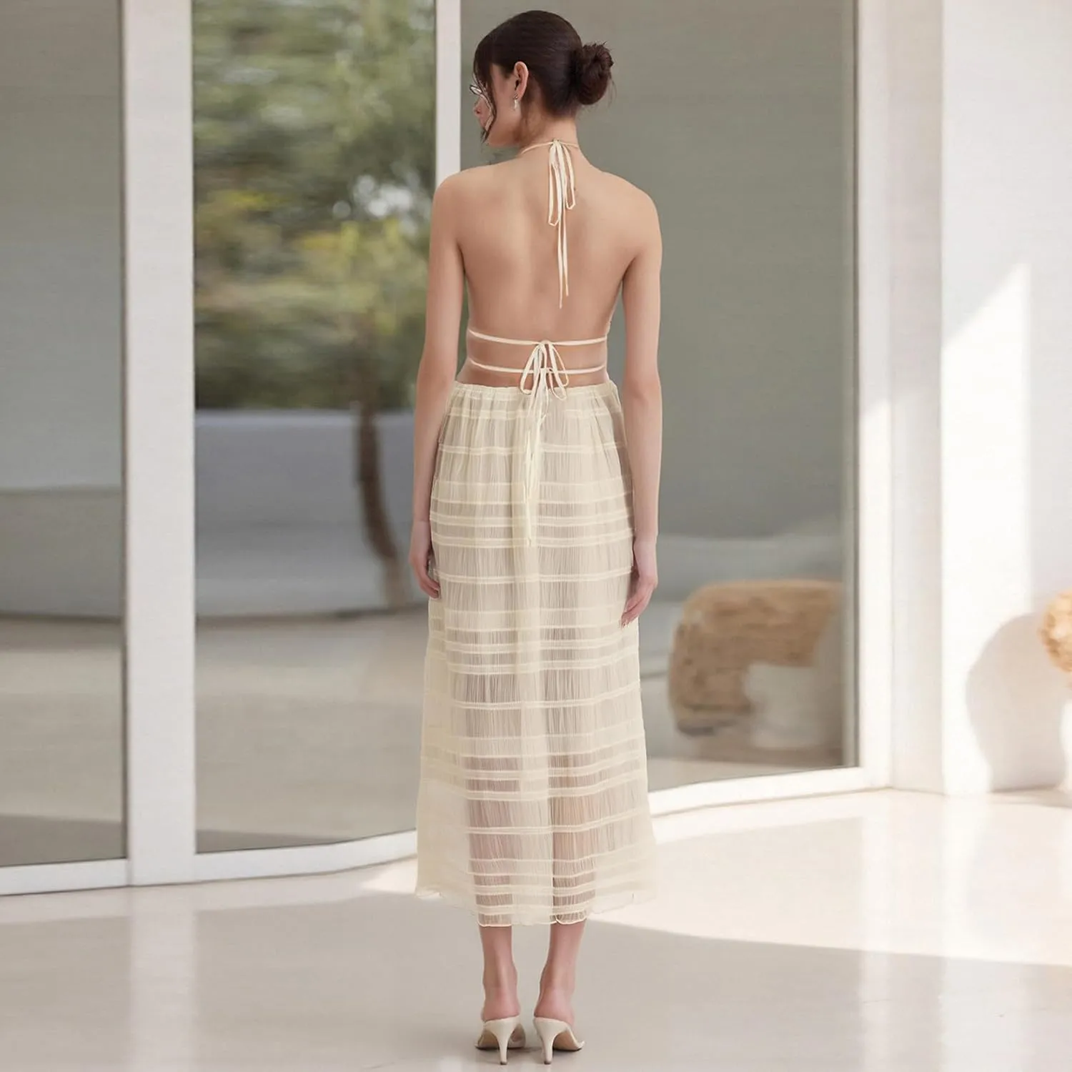 Women Y2k 2 Piece Maxi Skirt Set Open Back Halter Neck Tie Crop Top Pleated Long Skirt Fairy Aesthetic Lace Beachwear