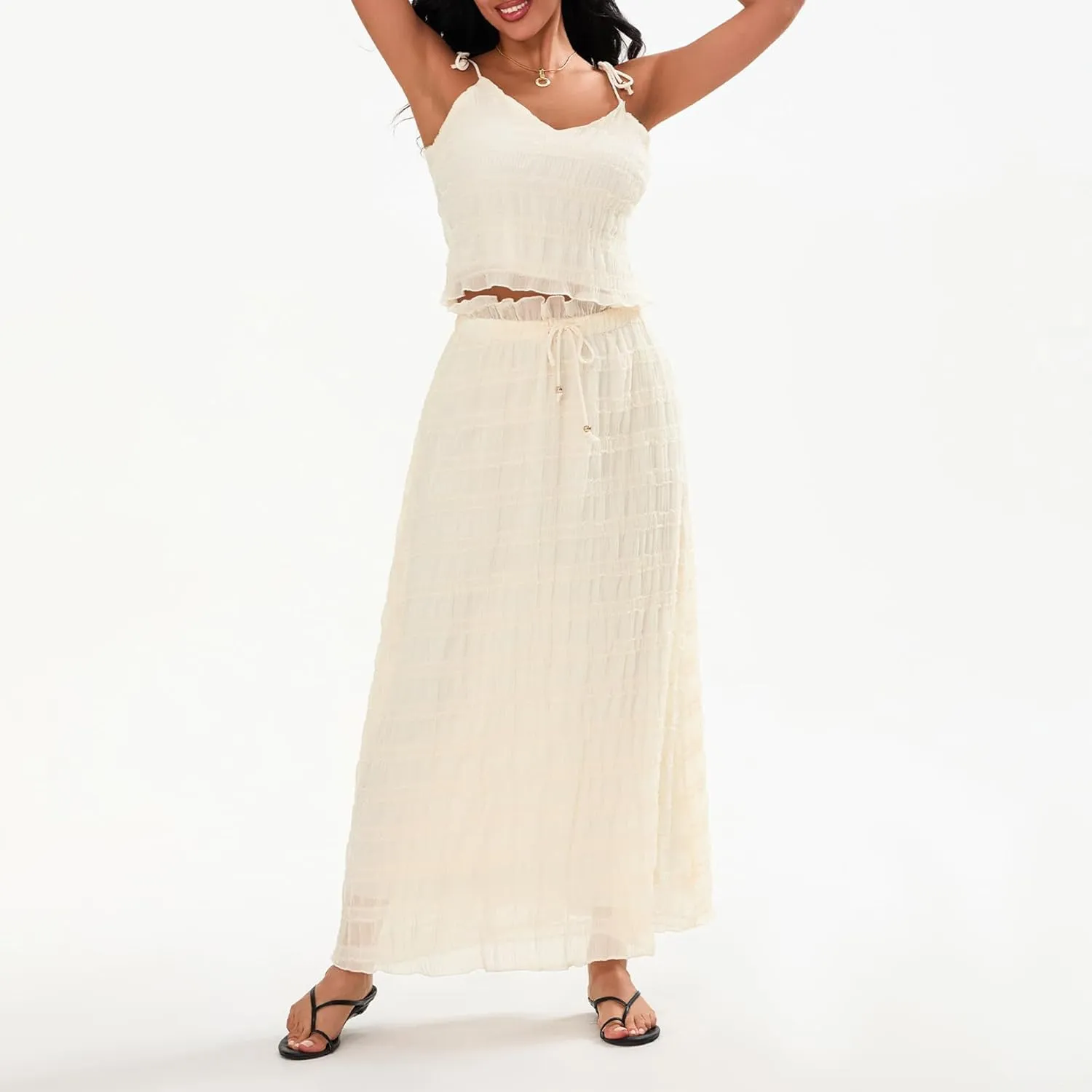 Women Y2k 2 Piece Maxi Skirt Set Open Back Halter Neck Tie Crop Top Pleated Long Skirt Fairy Aesthetic Lace Beachwear