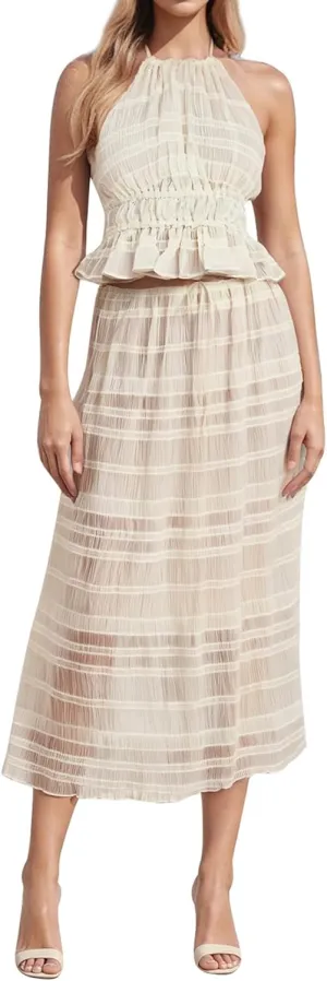 Women Y2k 2 Piece Maxi Skirt Set Open Back Halter Neck Tie Crop Top Pleated Long Skirt Fairy Aesthetic Lace Beachwear