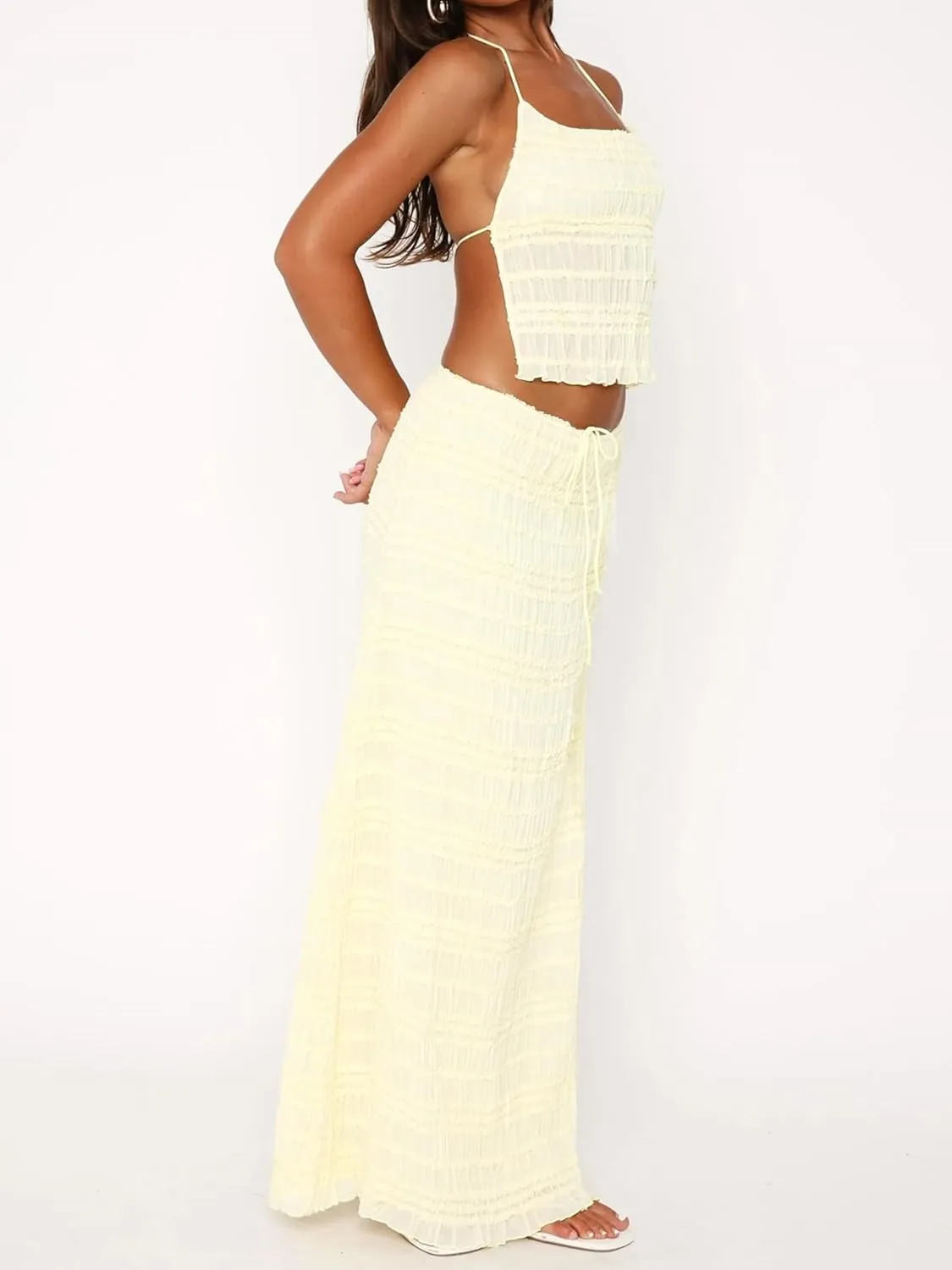 Women Y2k 2 Piece Maxi Skirt Set Open Back Halter Neck Tie Crop Top Pleated Long Skirt Fairy Aesthetic Lace Beachwear