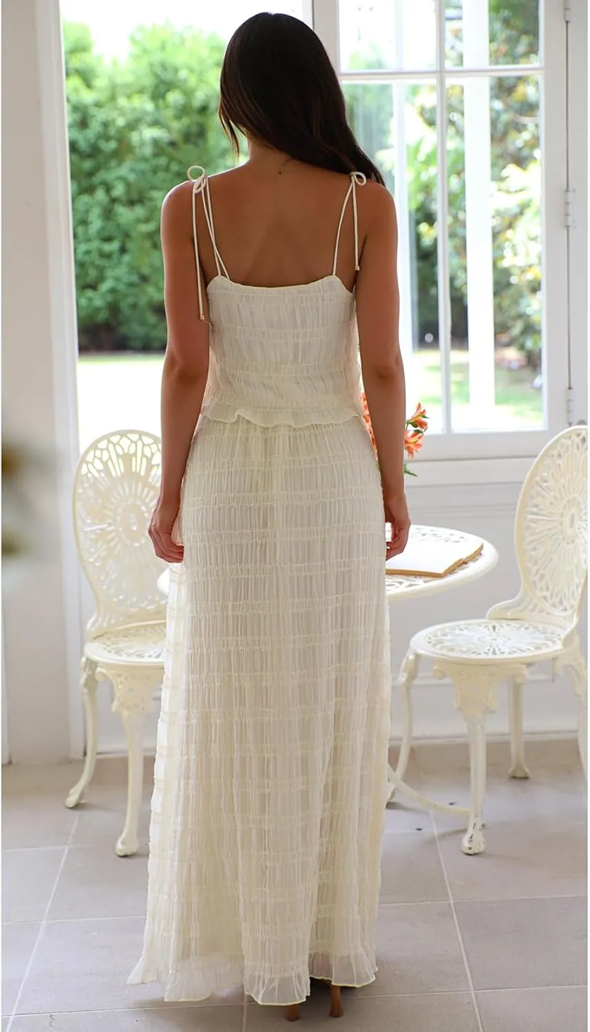 Women Y2k 2 Piece Maxi Skirt Set Open Back Halter Neck Tie Crop Top Pleated Long Skirt Fairy Aesthetic Lace Beachwear