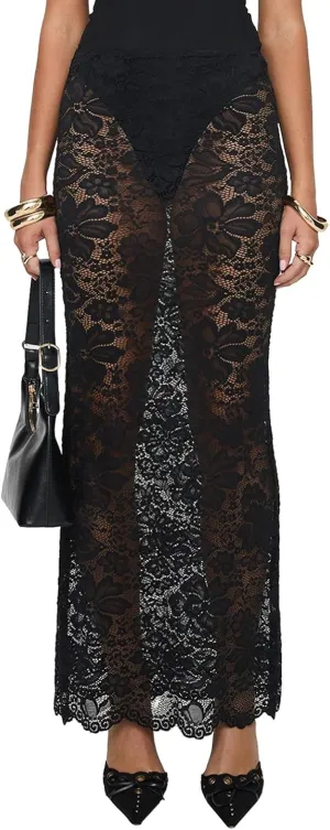 Women Y2k Lace Maxi Skirts Elastic Waist Floral Lace Flowy Long Skirts Sheer See Through Ruffle Layered Skirts