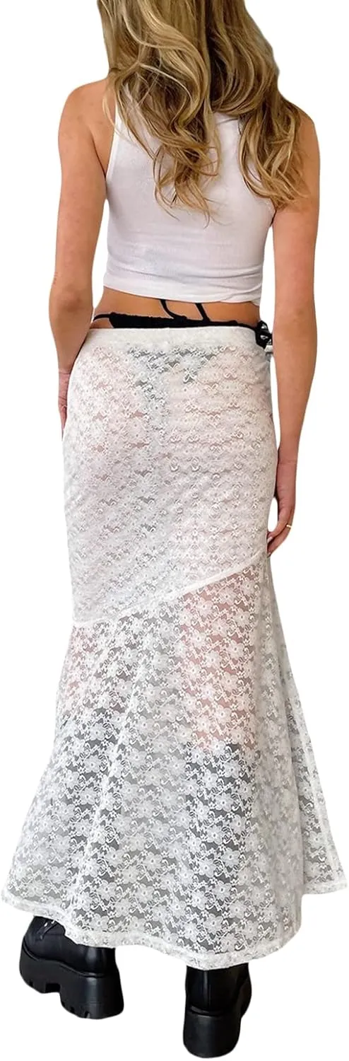 Women Y2k Lace Maxi Skirts Elastic Waist Floral Lace Flowy Long Skirts Sheer See Through Ruffle Layered Skirts