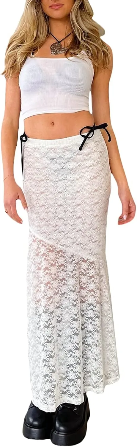 Women Y2k Lace Maxi Skirts Elastic Waist Floral Lace Flowy Long Skirts Sheer See Through Ruffle Layered Skirts