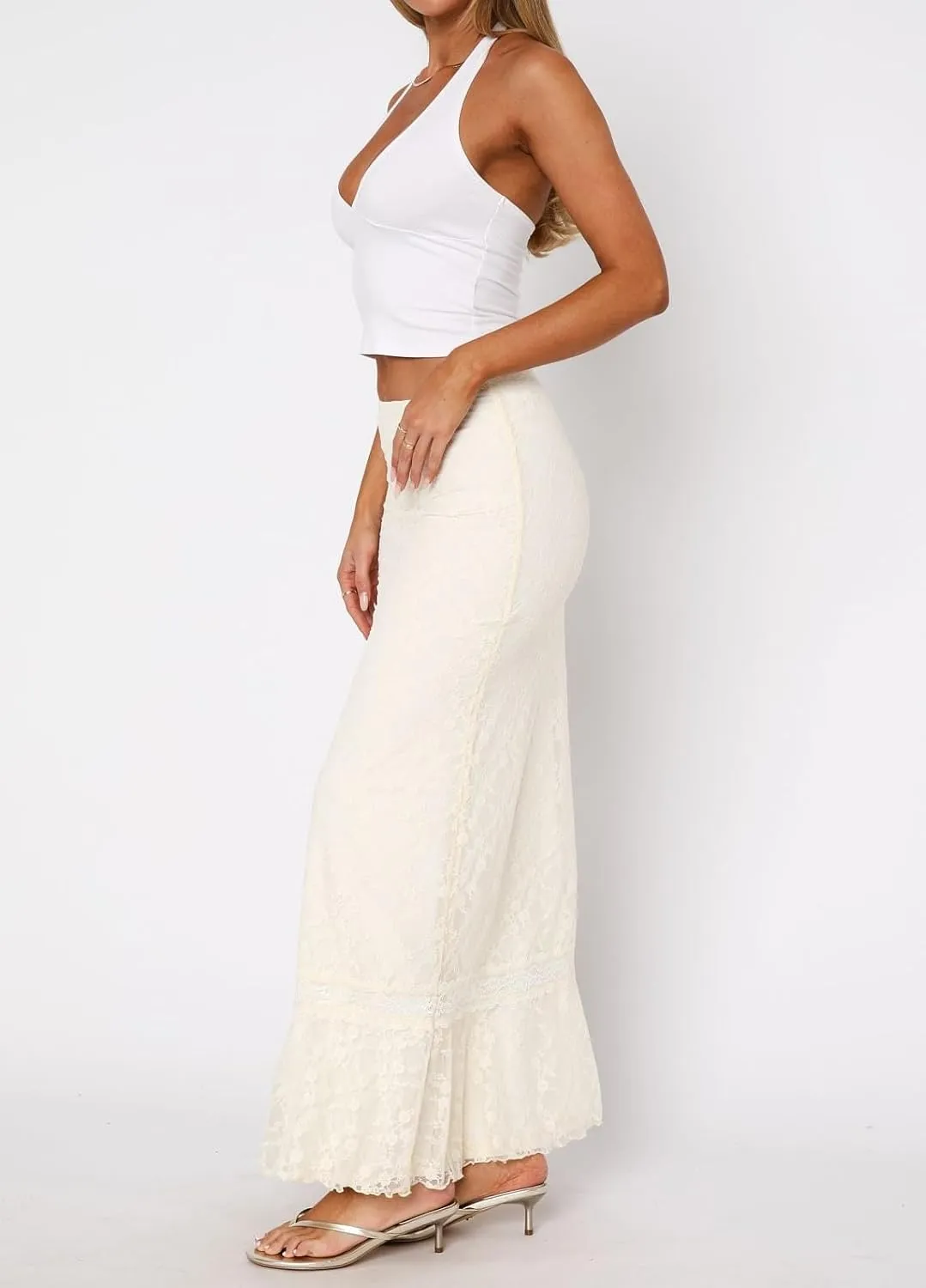 Women Y2k Lace Maxi Skirts Elastic Waist Floral Lace Flowy Long Skirts Sheer See Through Ruffle Layered Skirts