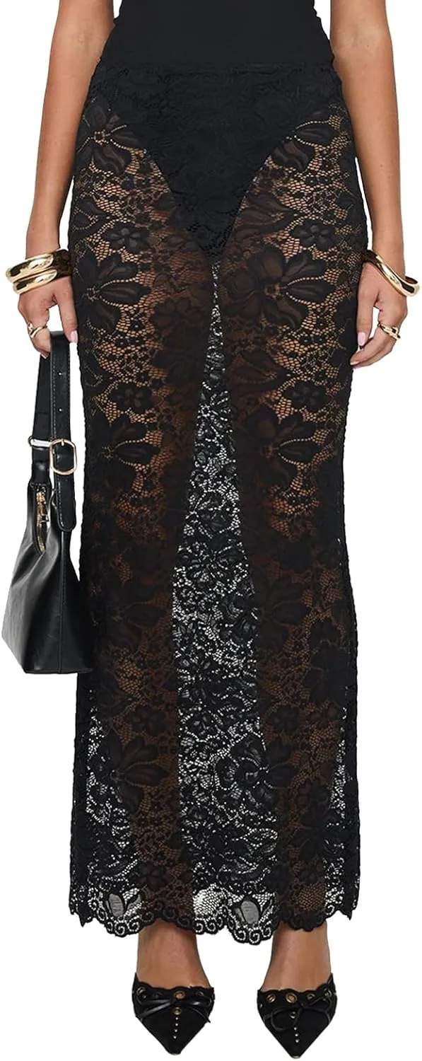 Women Y2k Lace Maxi Skirts Elastic Waist Floral Lace Flowy Long Skirts Sheer See Through Ruffle Layered Skirts