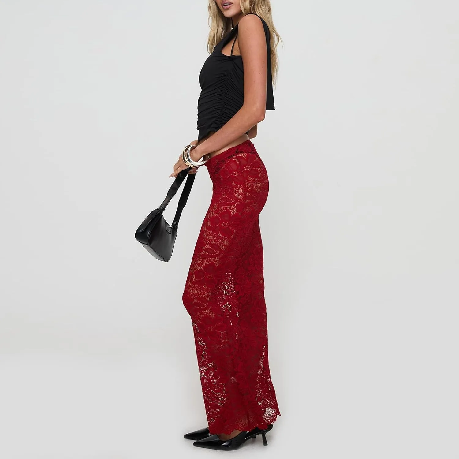 Women Y2k Lace Maxi Skirts Elastic Waist Floral Lace Flowy Long Skirts Sheer See Through Ruffle Layered Skirts
