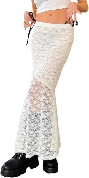 Women Y2k Lace Maxi Skirts Elastic Waist Floral Lace Flowy Long Skirts Sheer See Through Ruffle Layered Skirts