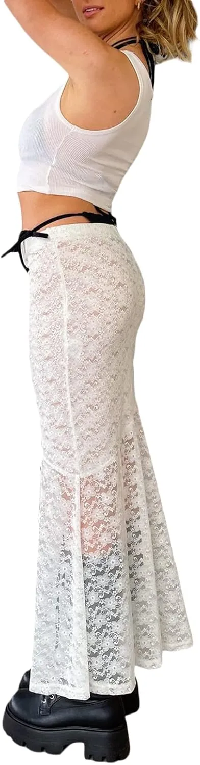 Women Y2k Lace Maxi Skirts Elastic Waist Floral Lace Flowy Long Skirts Sheer See Through Ruffle Layered Skirts