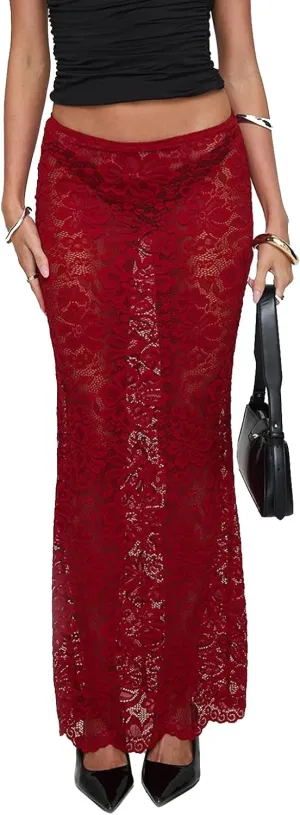 Women Y2k Lace Maxi Skirts Elastic Waist Floral Lace Flowy Long Skirts Sheer See Through Ruffle Layered Skirts