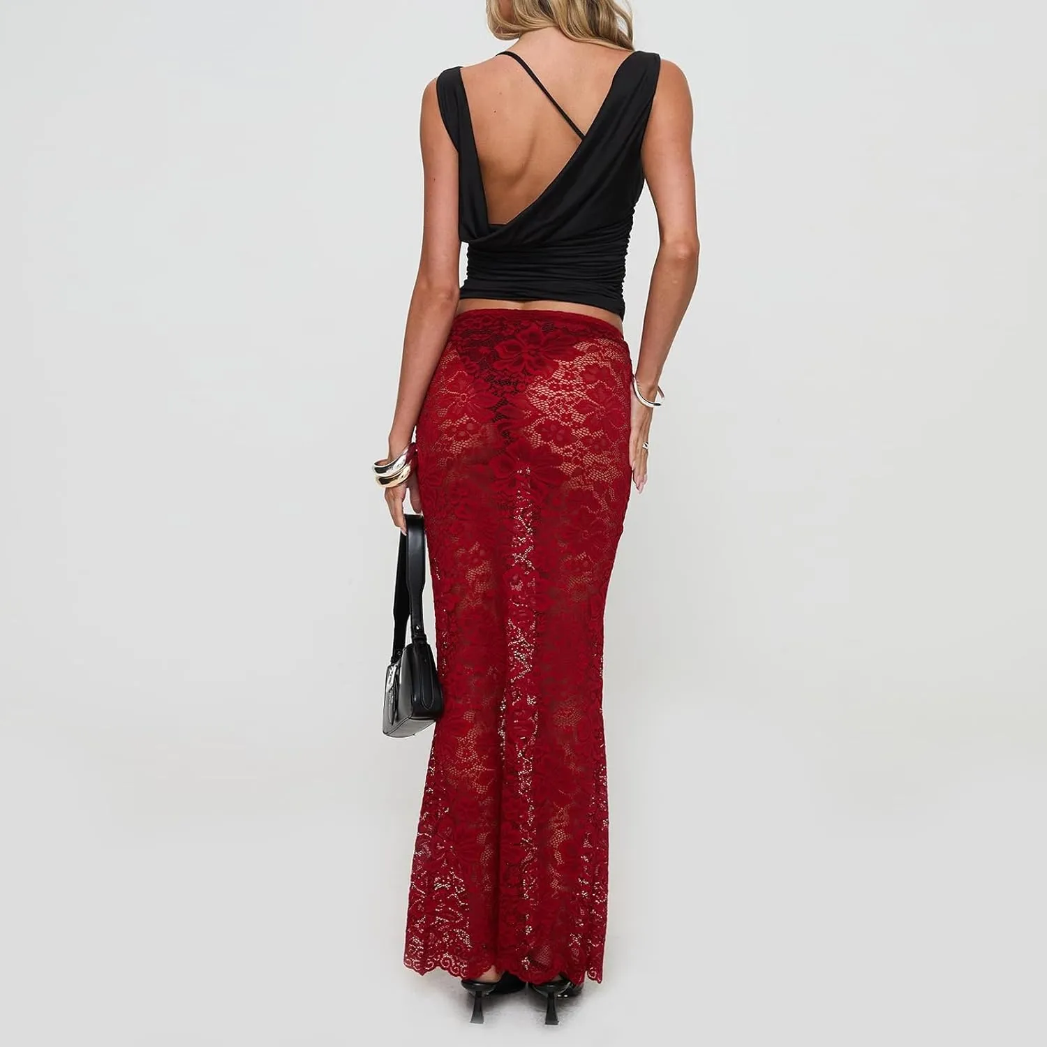 Women Y2k Lace Maxi Skirts Elastic Waist Floral Lace Flowy Long Skirts Sheer See Through Ruffle Layered Skirts