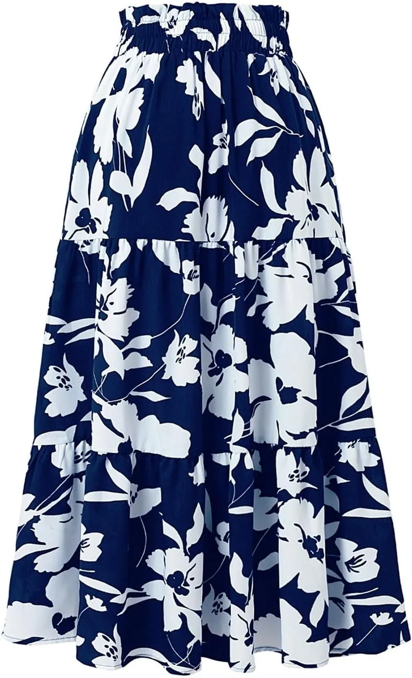Women's 2025 Spring High Waist Floral Pleated A Line Boho Beach Casual Swing Long Skirts, S-XL