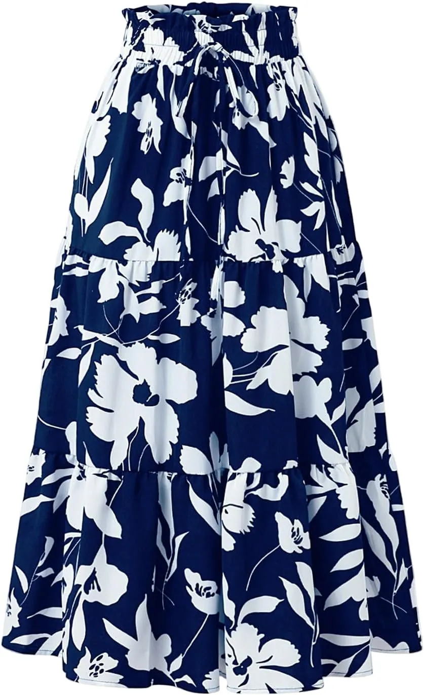 Women's 2025 Spring High Waist Floral Pleated A Line Boho Beach Casual Swing Long Skirts, S-XL