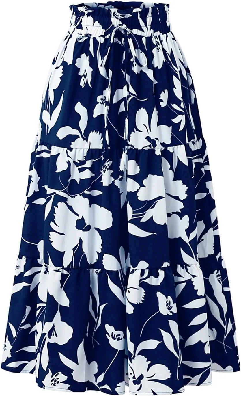 Women's 2025 Spring High Waist Floral Pleated A Line Boho Beach Casual Swing Long Skirts, S-XL