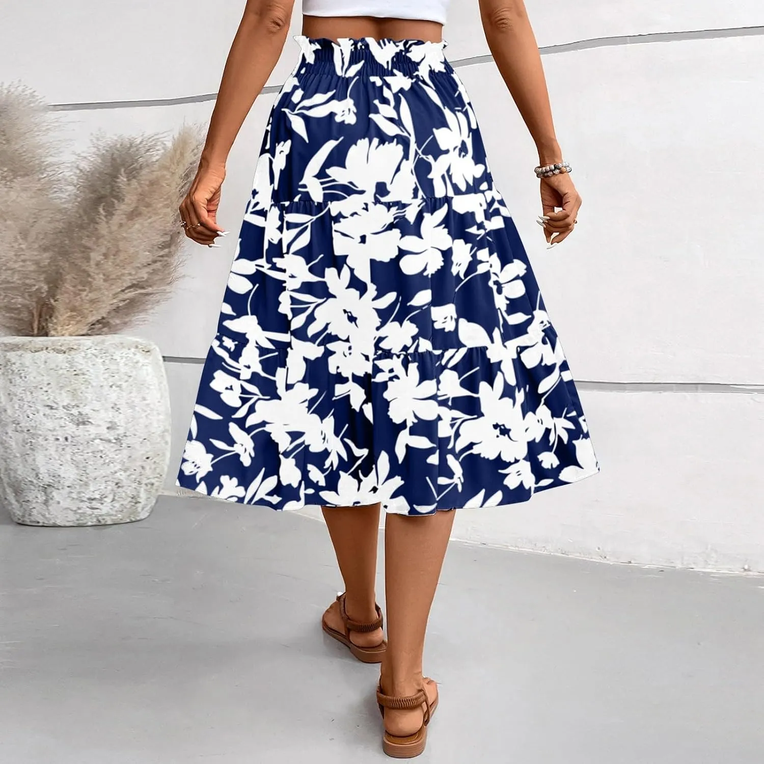 Women's 2025 Spring High Waist Floral Pleated A Line Boho Beach Casual Swing Long Skirts, S-XL
