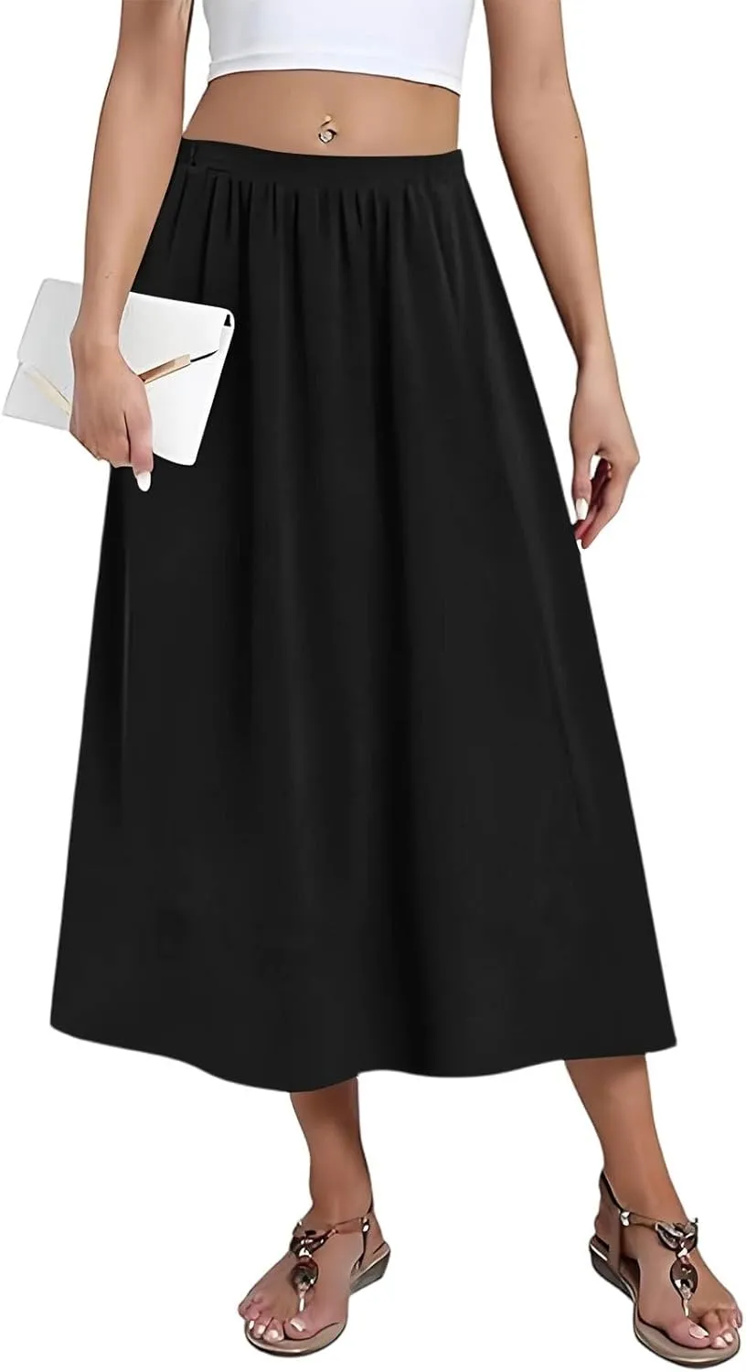 Women's 2025 Spring Summer Stretch Waist Casual Flowy Swing Smocked A Line Beach Long Skirts, S-2XL