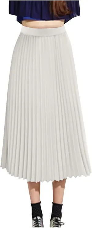 Women's Beach Vacation Clothes Summer Casual Loose Trendy Elastic High Waist Solid Color Pleated Midi Skirts, S-XL