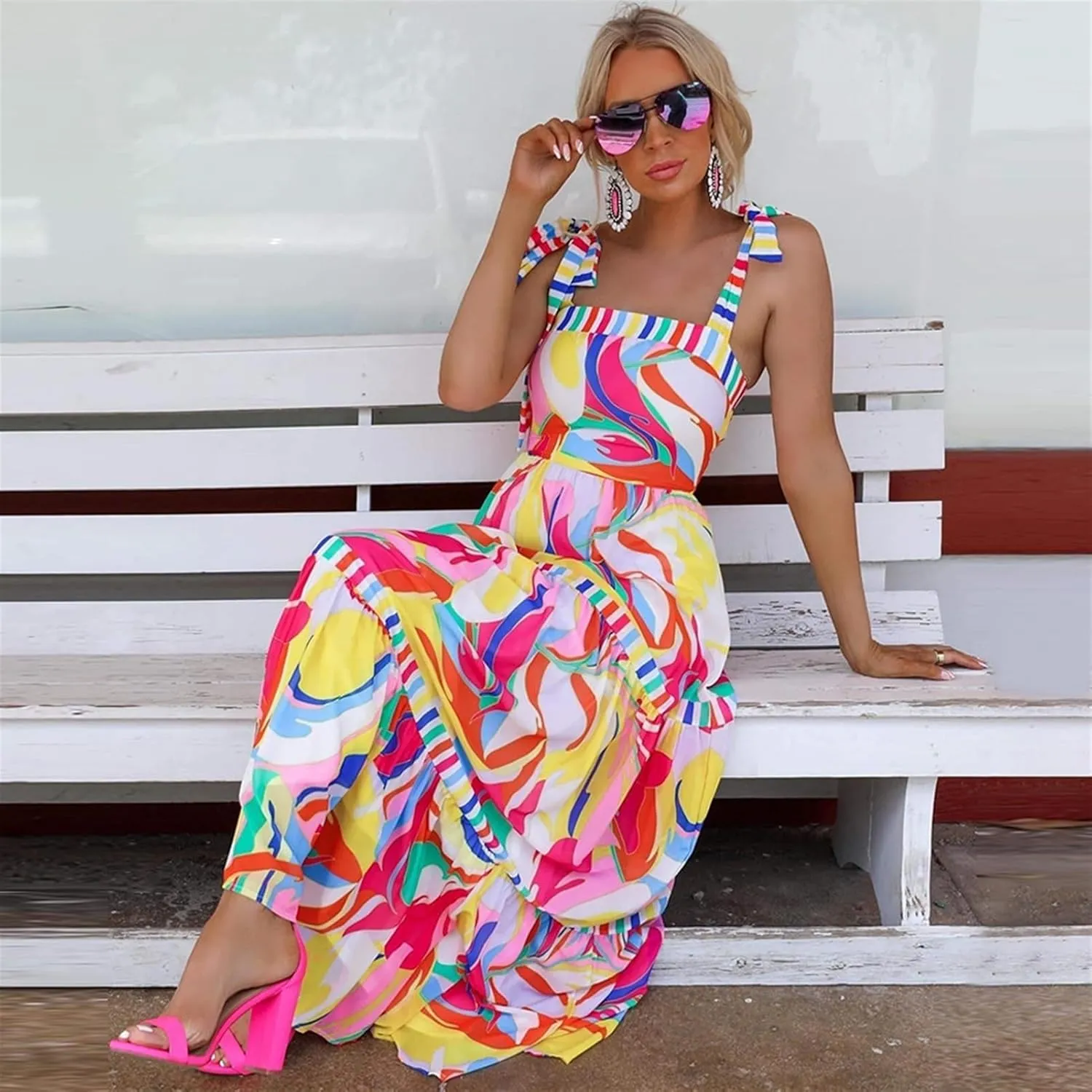 Women's Bohemian Square Neck Pleated Flowing Long Skirt with Colorful Lace Up Mini Beach Skirt