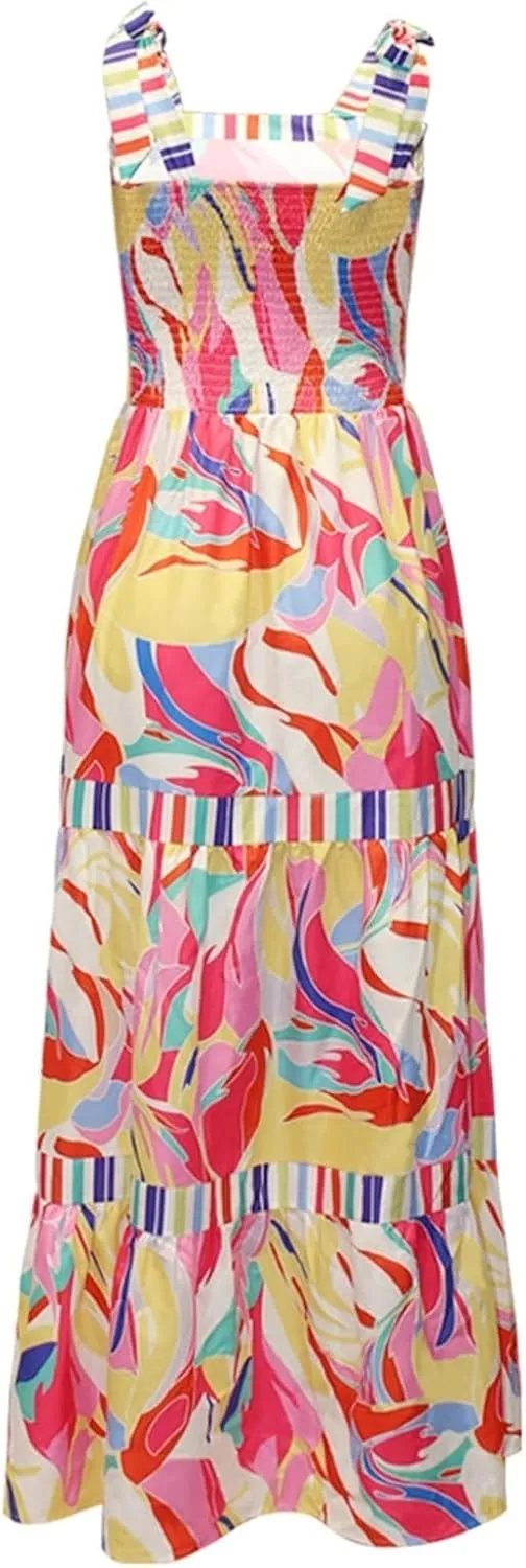 Women's Bohemian Square Neck Pleated Flowing Long Skirt with Colorful Lace Up Mini Beach Skirt