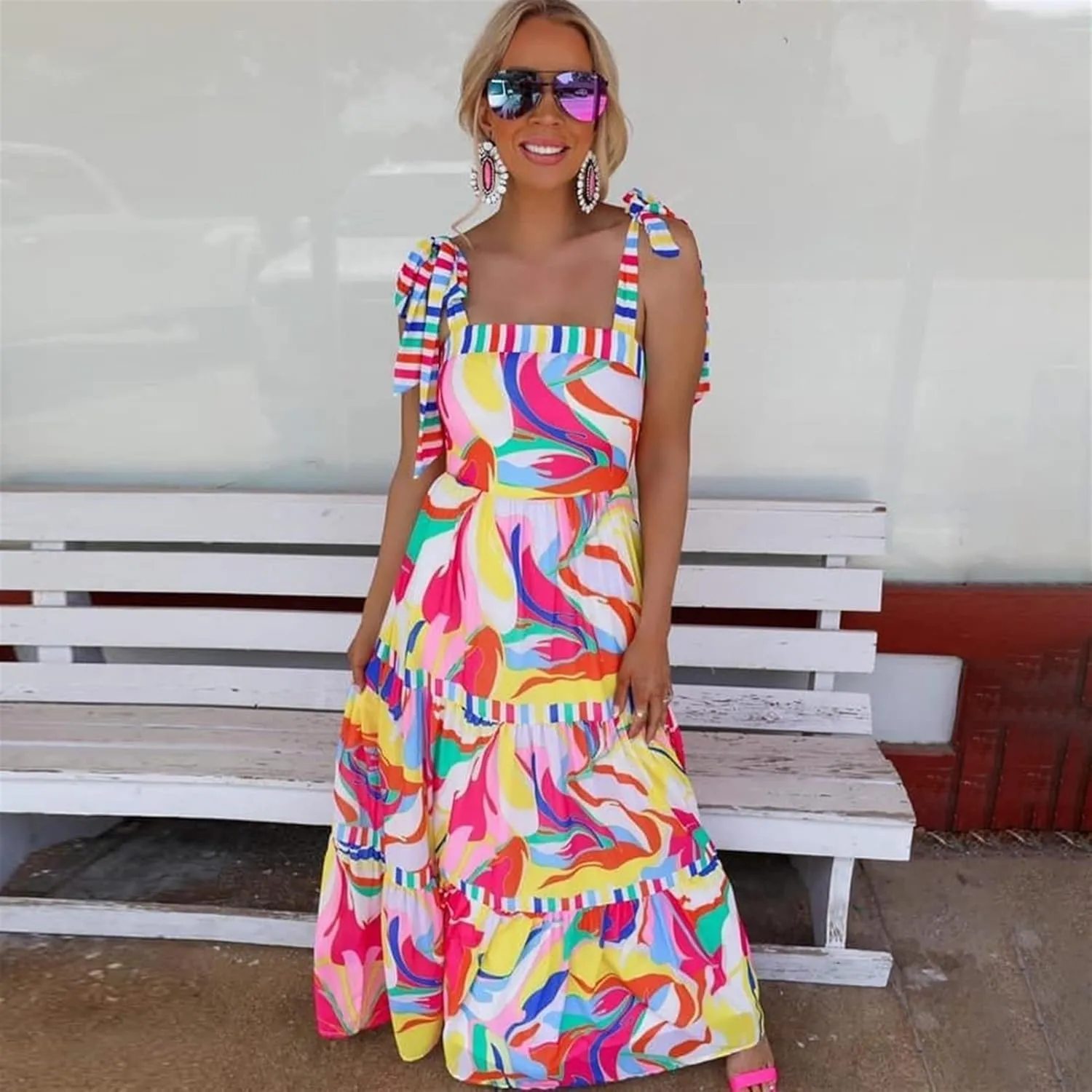 Women's Bohemian Square Neck Pleated Flowing Long Skirt with Colorful Lace Up Mini Beach Skirt