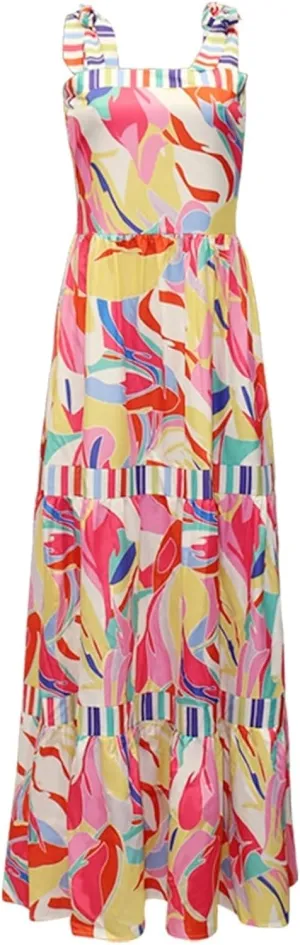 Women's Bohemian Square Neck Pleated Flowing Long Skirt with Colorful Lace Up Mini Beach Skirt