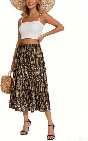 Women's Boho Beach Skirts 2025 Summer Ruffle High Waisted A Line Midi Skirt Flowy Beach Vacation Outfits with Pockets
