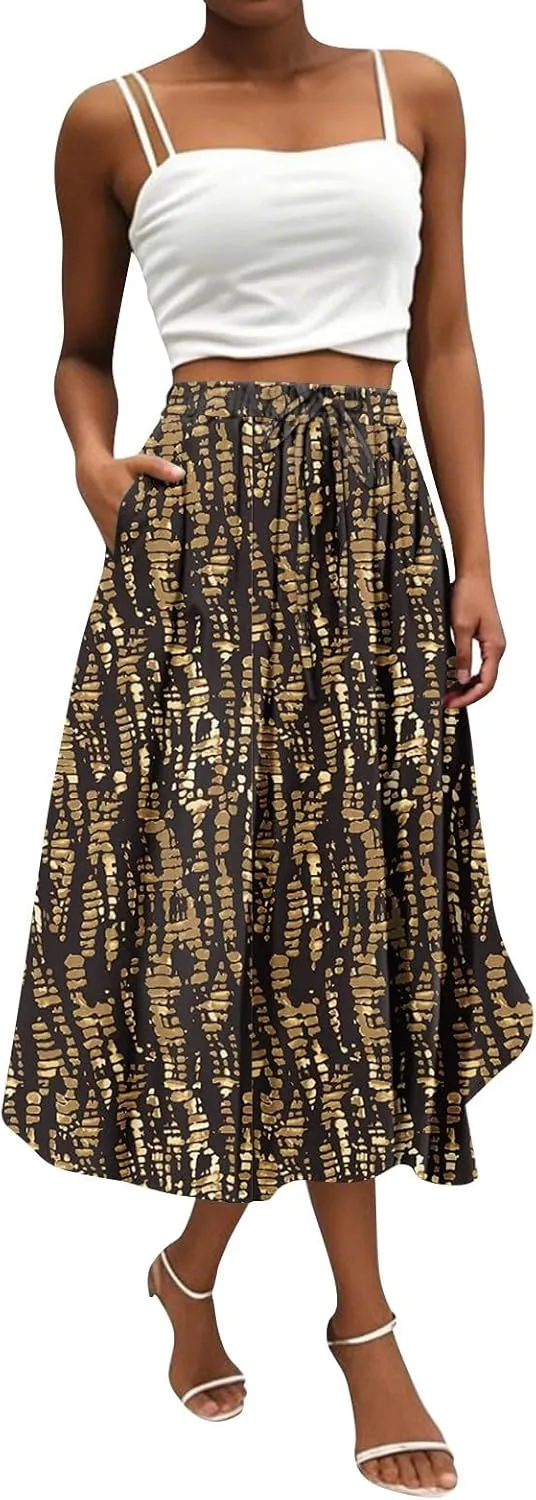 Women's Boho Beach Skirts 2025 Summer Ruffle High Waisted A Line Midi Skirt Flowy Beach Vacation Outfits with Pockets