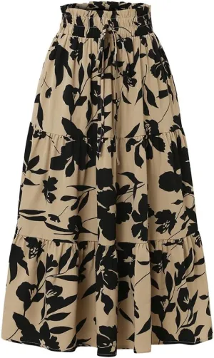Women's Boho Floral Midi Skirts High Waisted A-Line Casual Pleated Ruffle Tiered Flowy Skirt