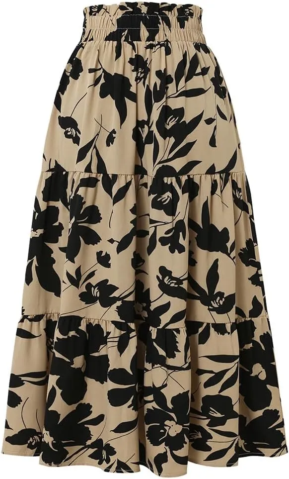 Women's Boho Floral Midi Skirts High Waisted A-Line Casual Pleated Ruffle Tiered Flowy Skirt