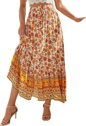 Womens Boho Floral Print Maxi Skirts Elastic High Waist Pleated A Line Maxi Skirt Botton Long Beach Skirt