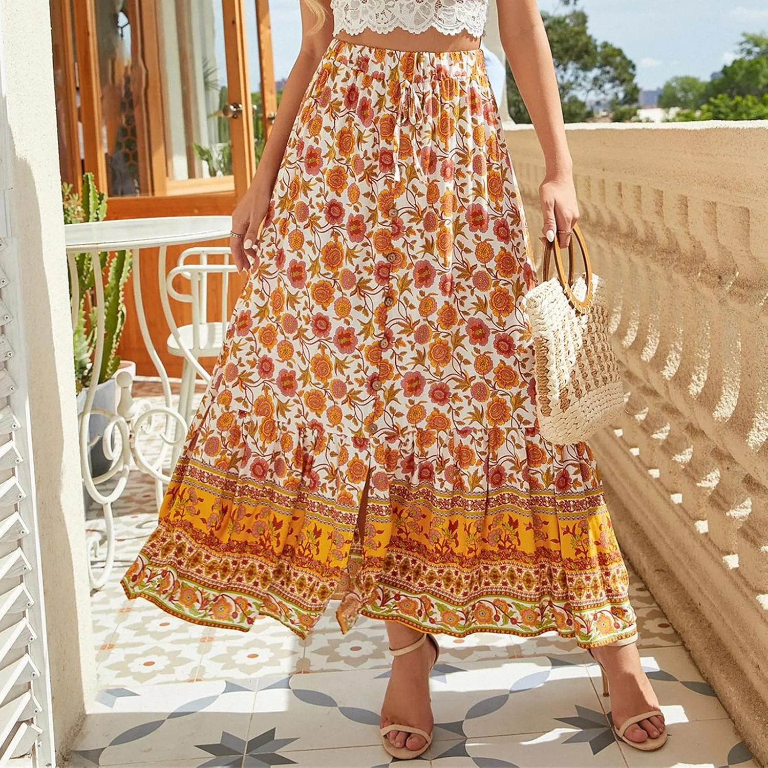 Womens Boho Floral Print Maxi Skirts Elastic High Waist Pleated A Line Maxi Skirt Botton Long Beach Skirt