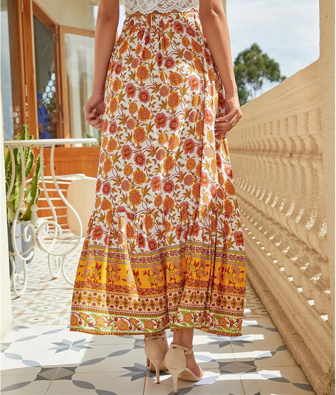Womens Boho Floral Print Maxi Skirts Elastic High Waist Pleated A Line Maxi Skirt Botton Long Beach Skirt