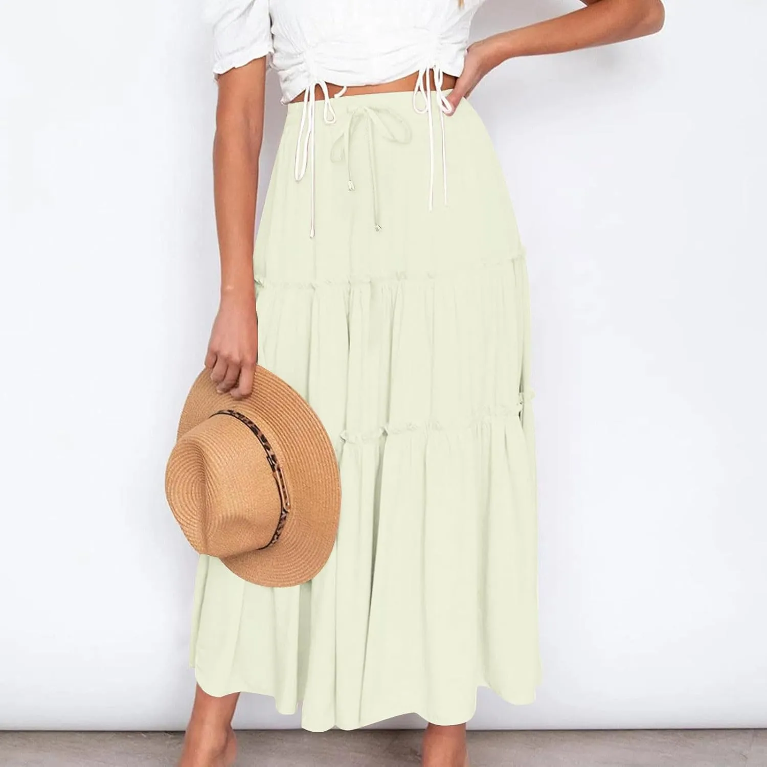 Women's Boho Maxi Skirt Summer Flowy Skirts A Line Pleated Skirts Ruffle Tiered Skirt Drawstring High Waist Skirt