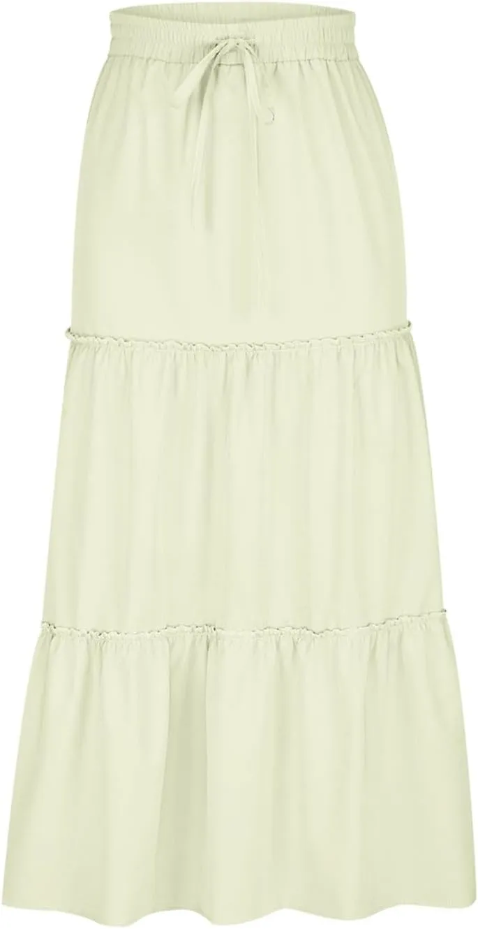 Women's Boho Maxi Skirt Summer Flowy Skirts A Line Pleated Skirts Ruffle Tiered Skirt Drawstring High Waist Skirt