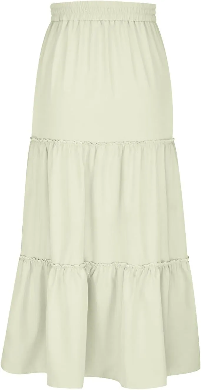Women's Boho Maxi Skirt Summer Flowy Skirts A Line Pleated Skirts Ruffle Tiered Skirt Drawstring High Waist Skirt
